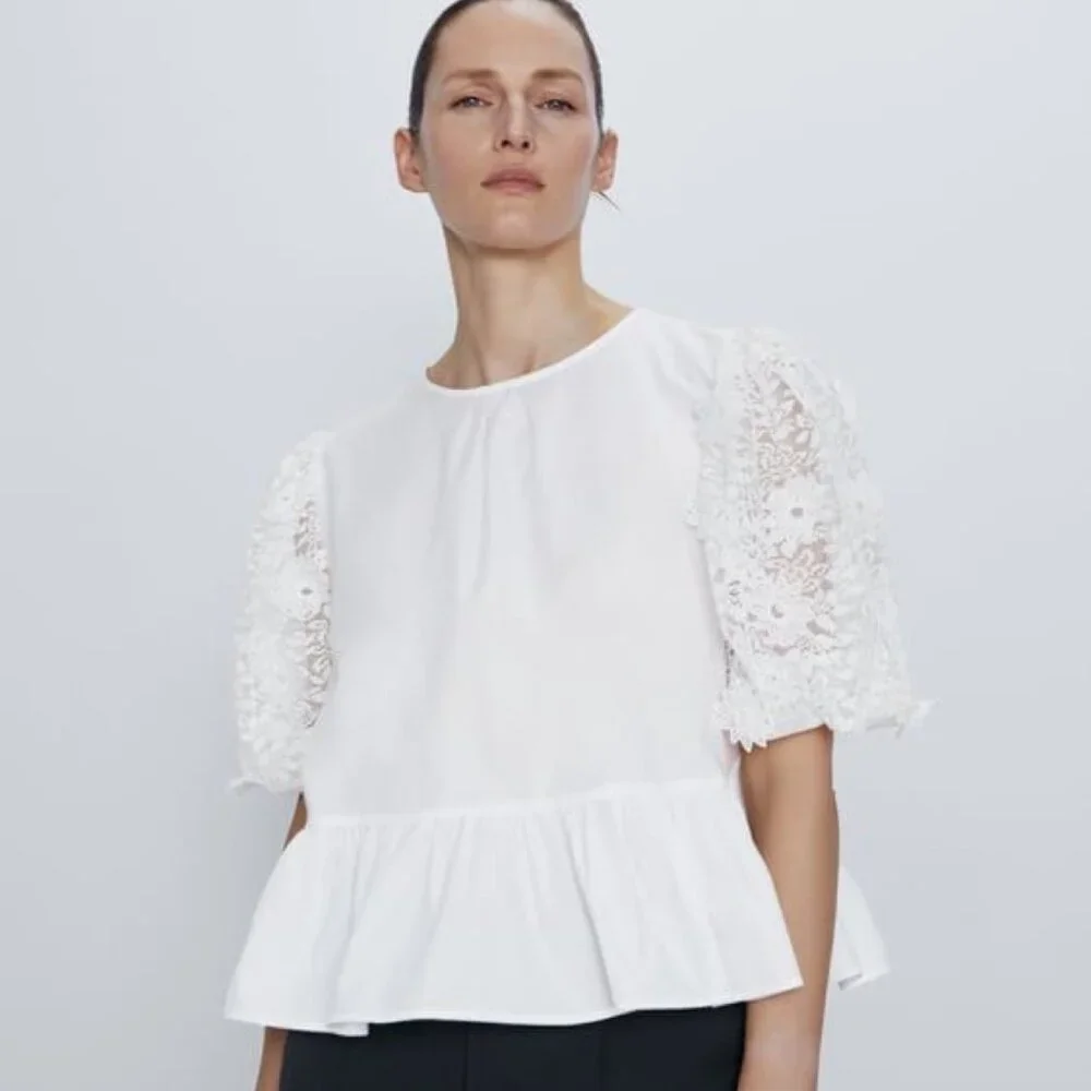 Zara White Embroidered Lace Sleeve Peplum Top